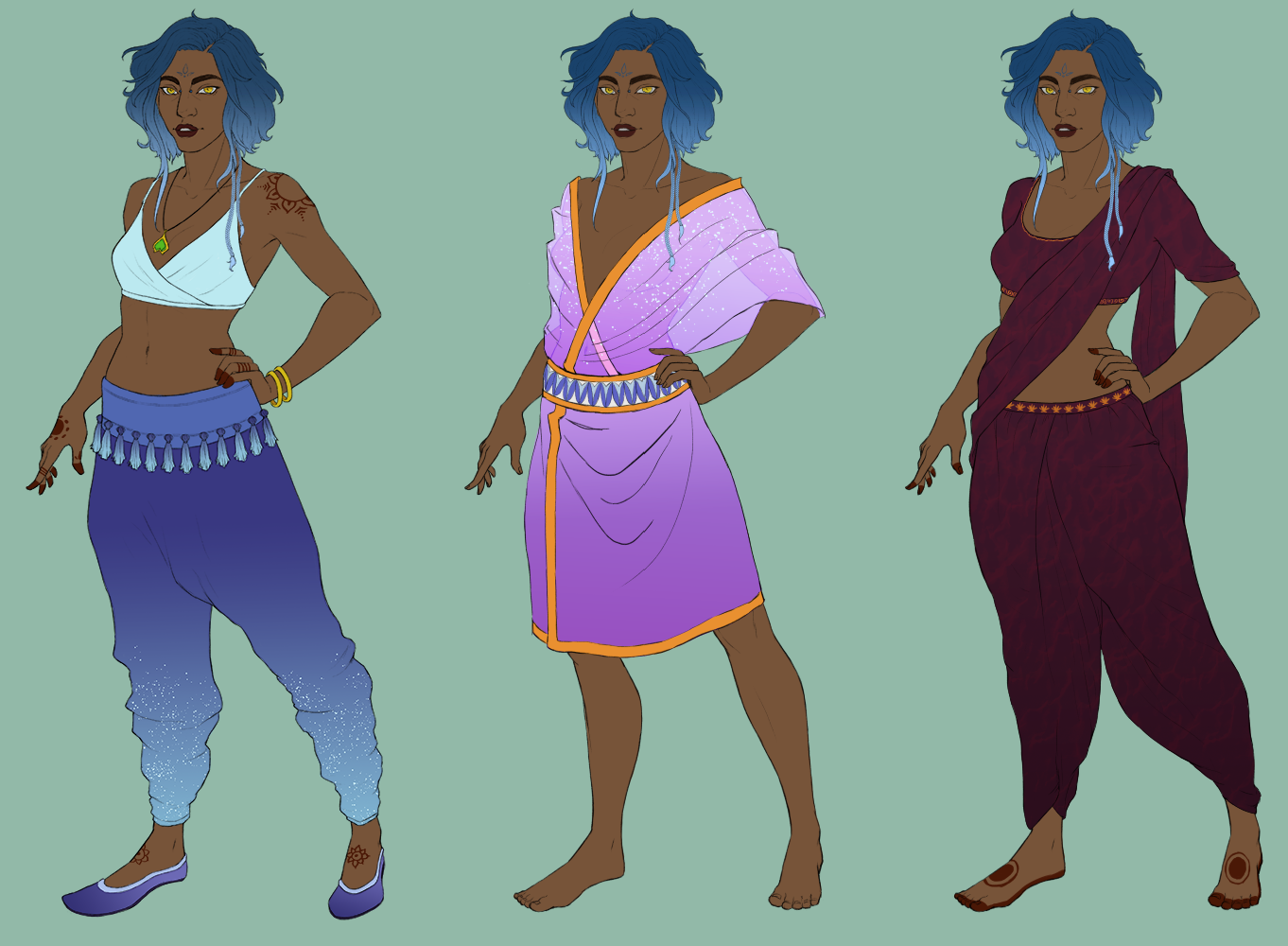 Three clothing designs on an original character, one for everyday wear, for a bath house and a traditional sari.